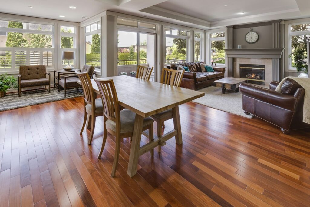 Wood flooring in furnished interior room