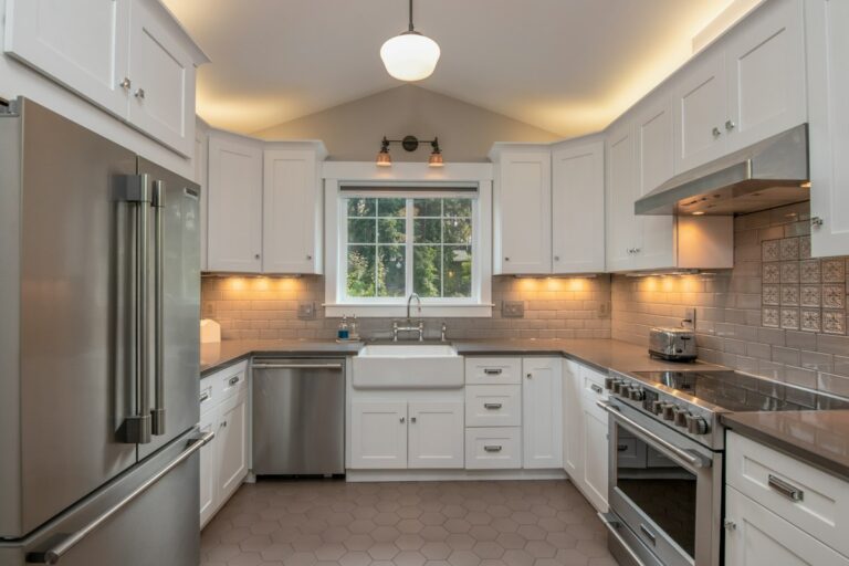 Light kitchen cabinets and appliances
