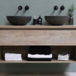 Modern bathroom floating wooden vanity with vessel sink