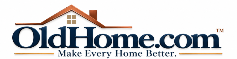 OldHome.com trademark logo with navy blue lettering, copper roofline and tan windowpanes